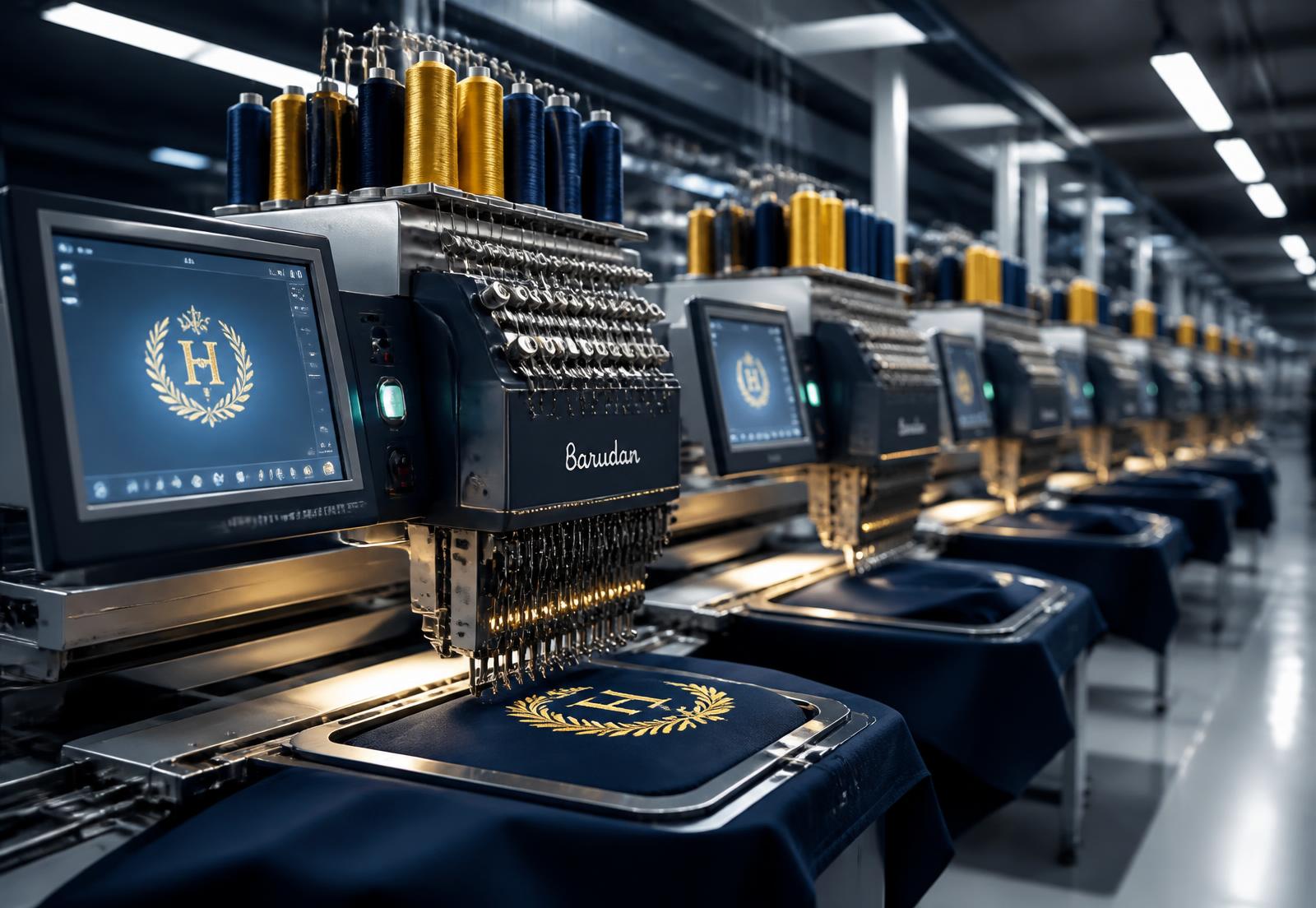 Multi-head computerised embroidery machines running gold thread on navy fabric
