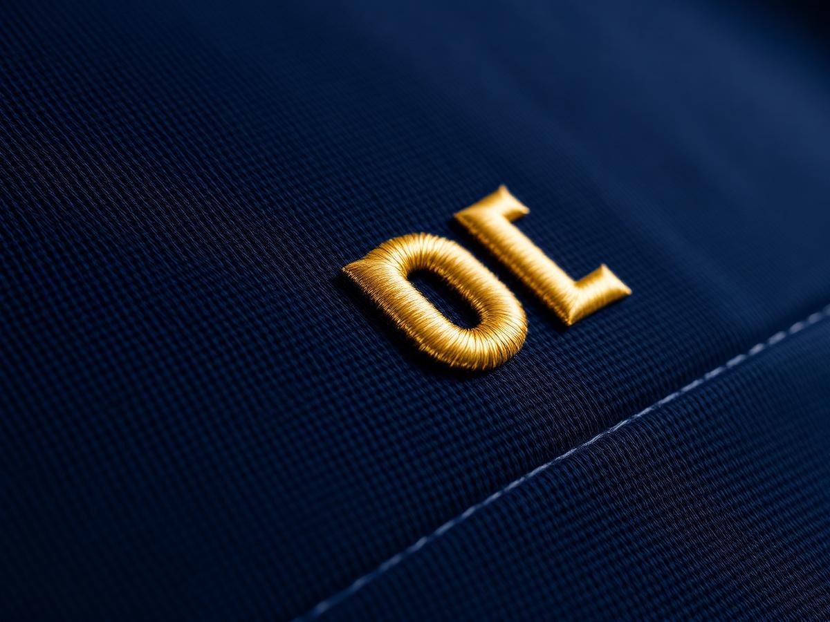 Gold 3D puff embroidery detail on navy performance fabric